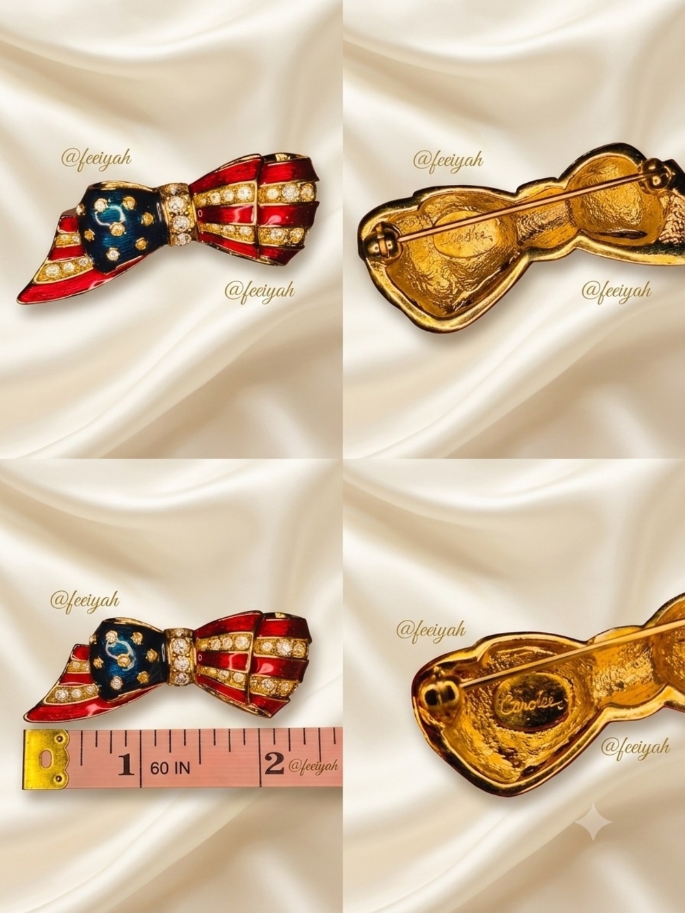 Vintage Carolee Red, Blue & Goldtone Bow Brooch with Crystal Accents